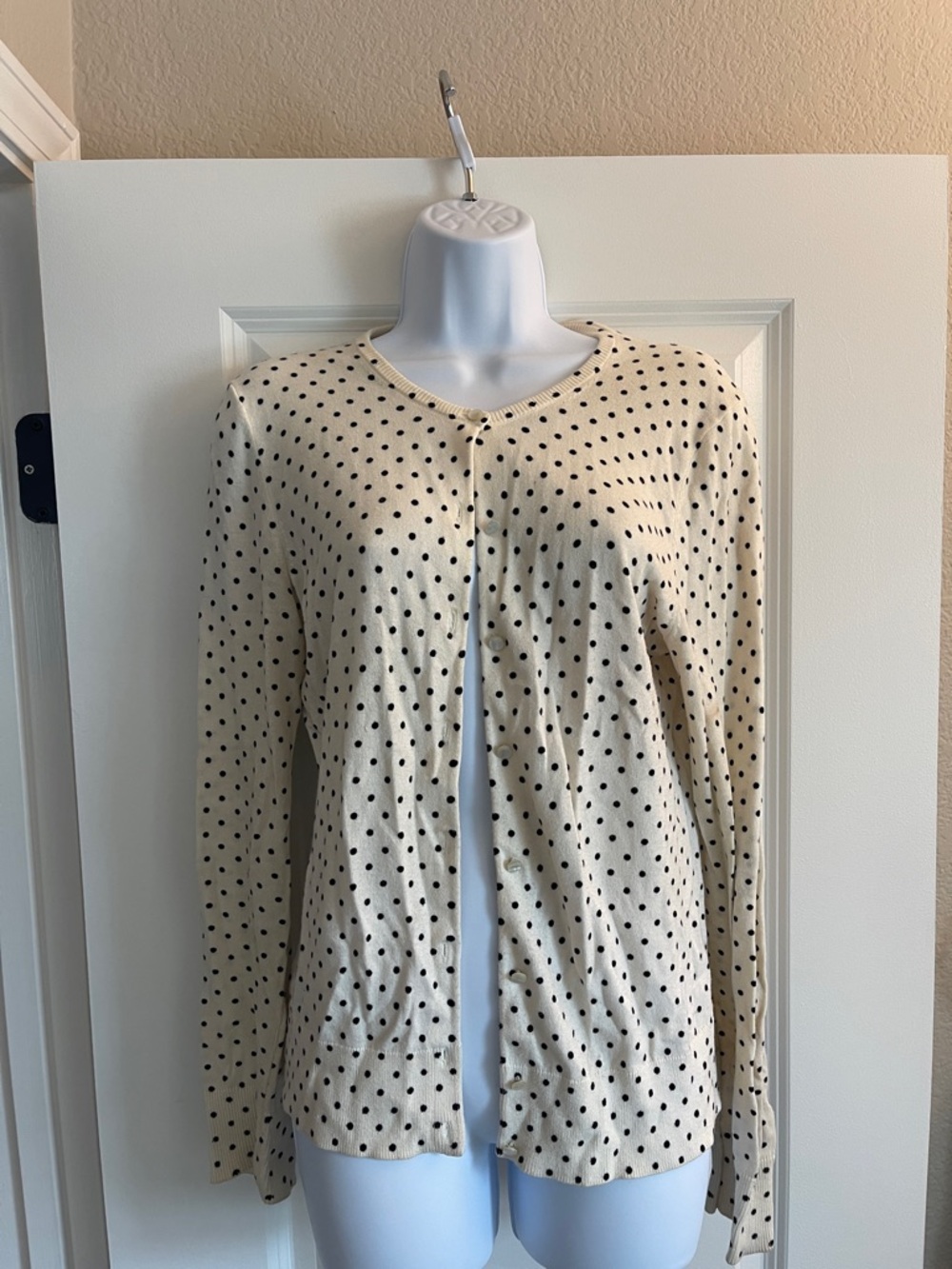 Ann Taylor Cream Cardigan with Black Polka Dots
